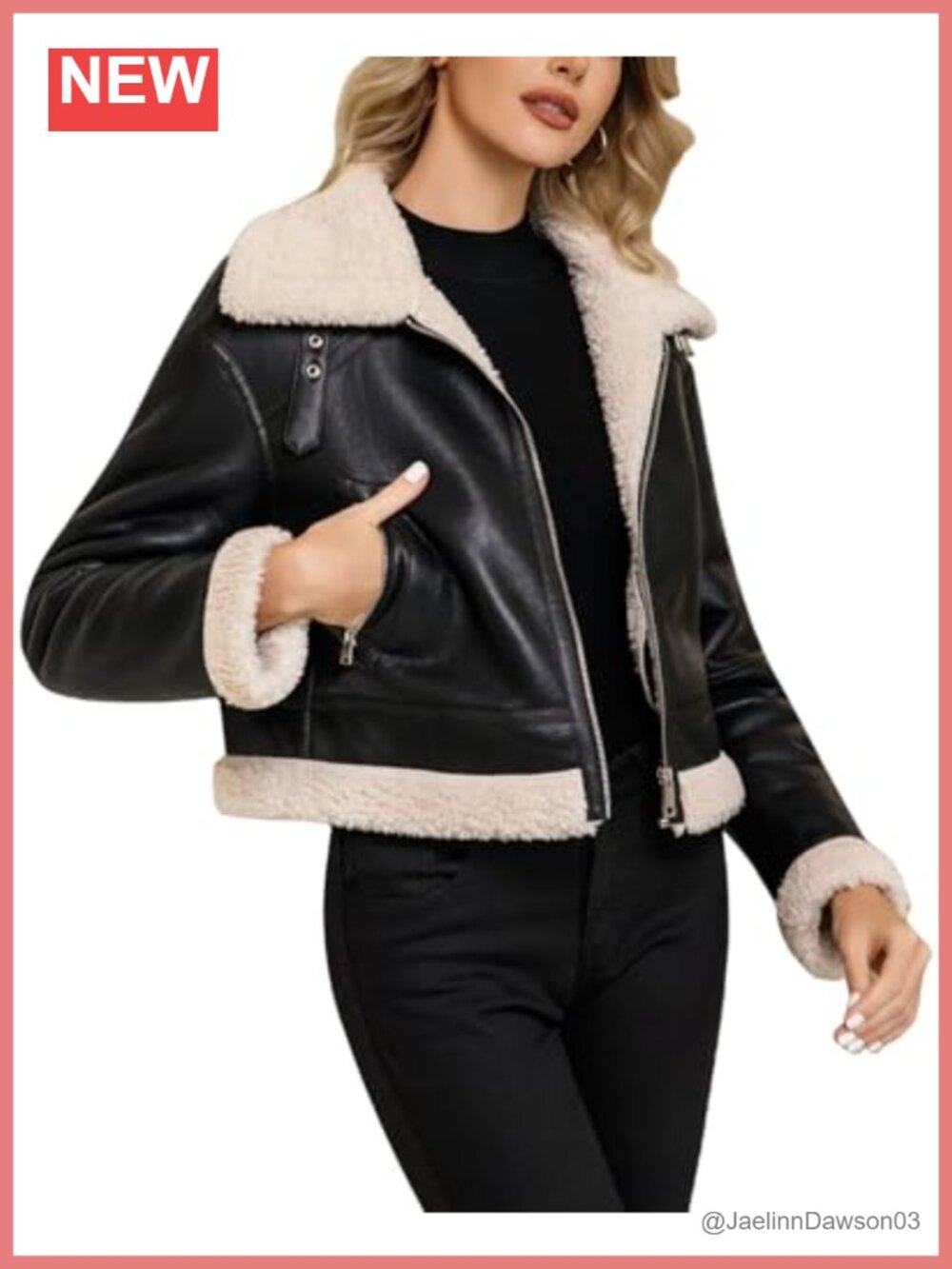 Women Faux Leather Faux Fur Lined Cropped Moto Jacket Zip Pockets